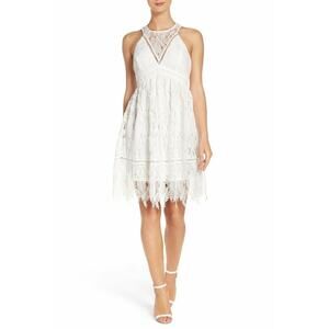$159 Chelsea28 White Illusion Neck Lace Halter Fit & Flare Dress 4 NEW C440